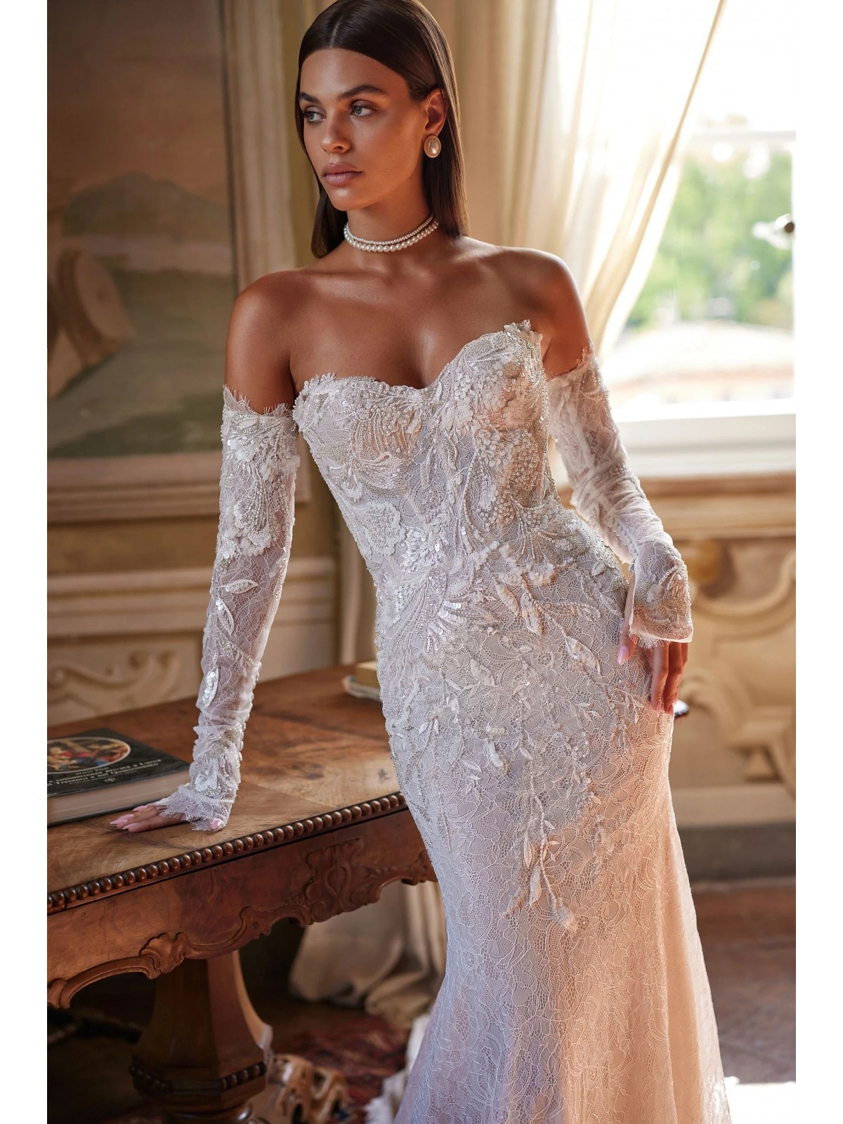 Luxury Wedding Dress - Embroidery, Skirt with Lining, and Detachable Sleeves - Dori - LIDA-01347+SL.42.17